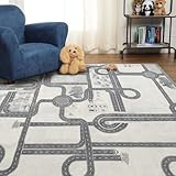 Superior Country Road Non-Slip Indoor Rug for Kids, Toddlers & Babies, Washable, Perfect for Playroom, Kids Room, Nursery, or Interactive Road, Streets, Buildings, Trees, 4' x 6', Ivory