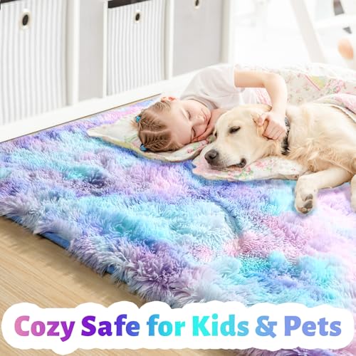 Amdrebio Purple Rainbow Area Rugs for Bedroom Girls Room Decor, Colorful Mermaid Stitch Frozen Kids Rugs for Playroom Nursery Dorm, Fluffy Furry Cute Shag 3x5 Small Kawaii Carpet for Baby Toddler