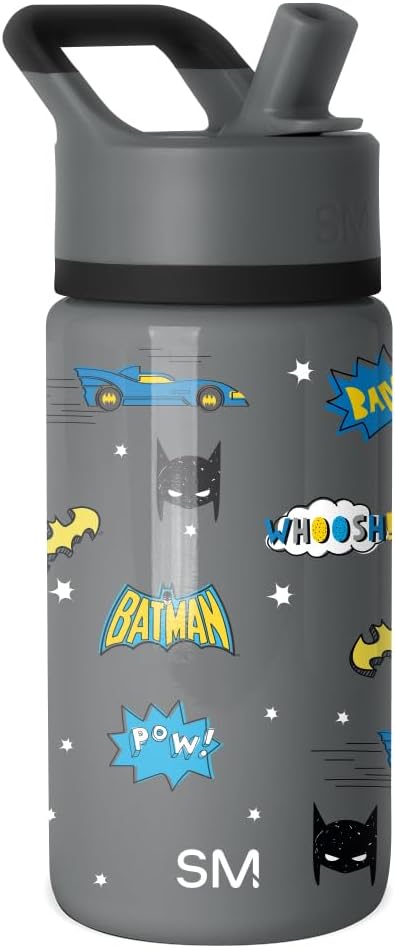 Kids Summit Water Bottle with Straw Lid | DC Comics Batman 14oz Stainless Steel Cup Insulated Tumbler for Boys, School | Batman POW!