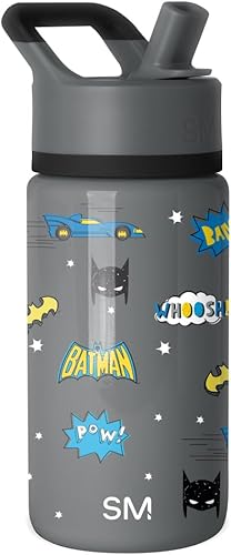 Simple Modern - Botella de agua para niños de la colección Summit con tapa con pajilla | DC Comics Batman 14 onzas, taza de acero inoxidable aislada