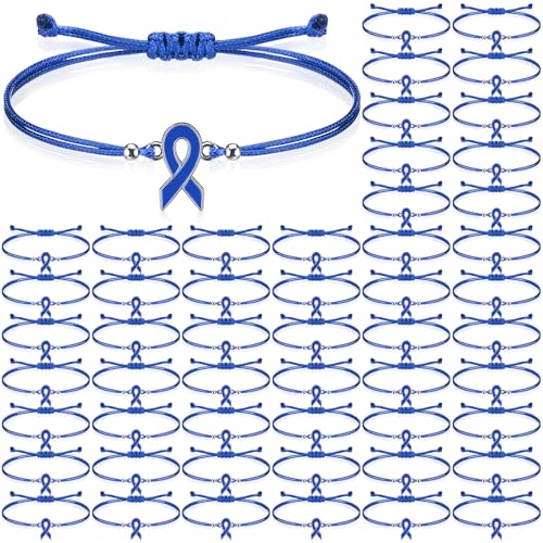 80 Pcs Colon Cancer Awareness Bracelets Adjustable Blue Ribbon Cord Ribbon Braided Bracelet Motivational Cancer Awareness Advocacy Gift for Women Men Fighters