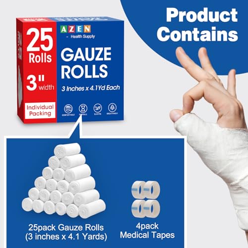 image for AZEN 25 Pack Gauze Rolls Bandages, 3 in x 4.1 Yards, Premium Medical S