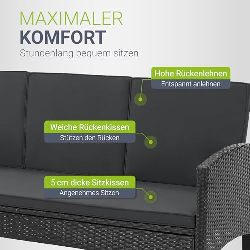 Juskys Polyrattan Gartenmöbel Sitzgruppe Turin Set 6 teilig - 7 Personen - Outdoor Möbel mit Sessel, Hocker, Tisch & Kissen - Loungemöbel Schwarz