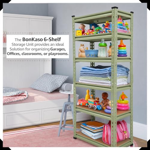 Image of BonKaso Adjustable 6-Shelf Metal Storage Rack | Heavy-Duty Steel Boltless Rivet Utility Shelving Unit for Garage, Kitchen & Office | 62 Inches Height (62 x 24 x 12 in) - Olive Green