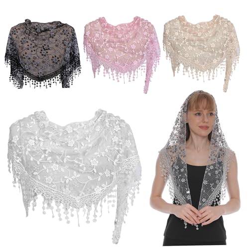 Opiniones de Chapelas para Mujer Top 5. 42 Velo de la capilla, 4 pcs Mantilla Veils Católico Triángulo Floral Encabeza de encaje Bufanda con borla Capilla Velo decorativo Católico para mujeres Boda de boda de boda masa