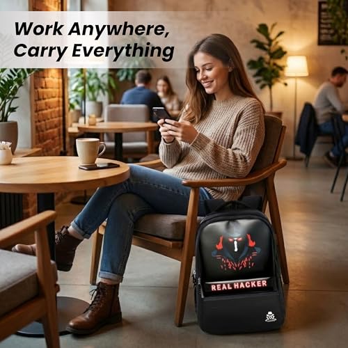 Image of HACKER Laptop Backpack for Men & Women | Stylish & Printed Backpack | Durable School, College & Office Bag | Spacious Travel Backpack with Padded Laptop Compartment & Adjustable Straps