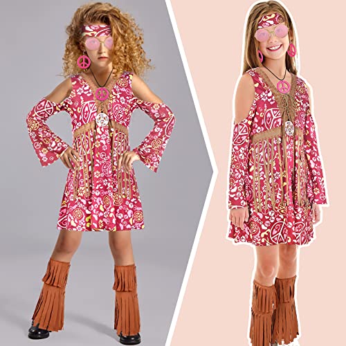 Heentan 8 Pcs 60S 70S Outfit For Girls Kids Hippie Costume Boho Dress Hippie Ankle Socks Peace Sign Earring Necklace Headband (Delicate Style) #TOP6