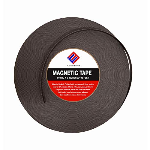 Magnetic Tape Roll with Adhesive Backing - Strip of Peel and Stick Magnets - Super Strong & Sticky by Flexible Magnets (30 mil x 2 inches x 100 feet)