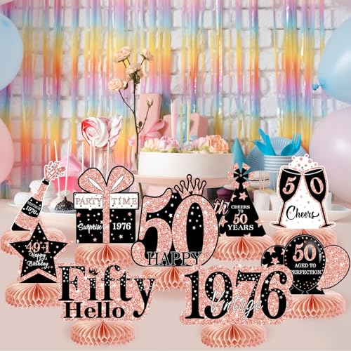 Image of 9Pcs 50th Birthday Decorations Honeycomb Centerpieces for Women, Rose Gold Pink Happy 50th Birthday Centerpieces Tables Toppers Party Decorations Supplies, Vintage 1976 Aged Table Sign Decor