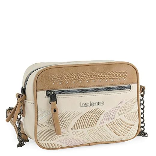 Lois - Bolso de Mujer con Asa Bandolera con Detalle Cadena Ajustable de Ecopiel Sintética PU. Bolsillos Delantero y Trasero con Cremallera310786, Color Beige