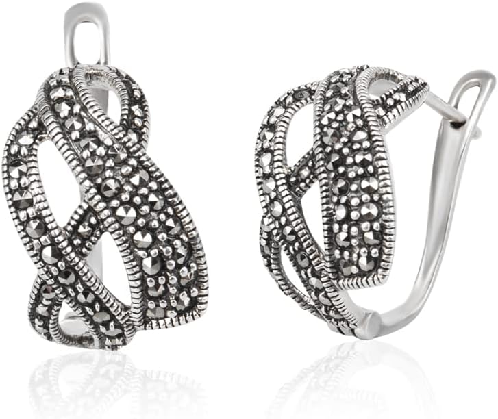 Vintage Black Marcasite Stud Earrings for Women Thai Silver Earrings Studs Gift