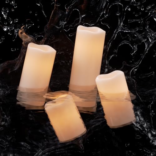 Image of Eldnacele Waterproof Flameless Flickering Candles with 6 Hours Timer, Indoor Outdoor White LED Plastic Battery Operated Pillar Candles Pack of 4 Wedding Dinner Home Decor, D3 inchx H4 inch 5 inch 6 inch 8 inch