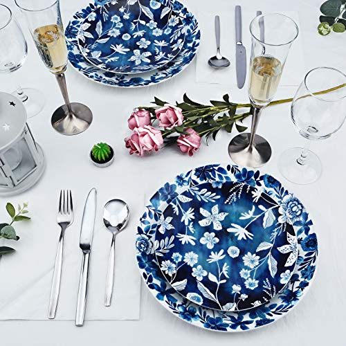 ZYAN 16 Piece Round Dinnerware Sets, Blue Garden Stoneware Dish Set