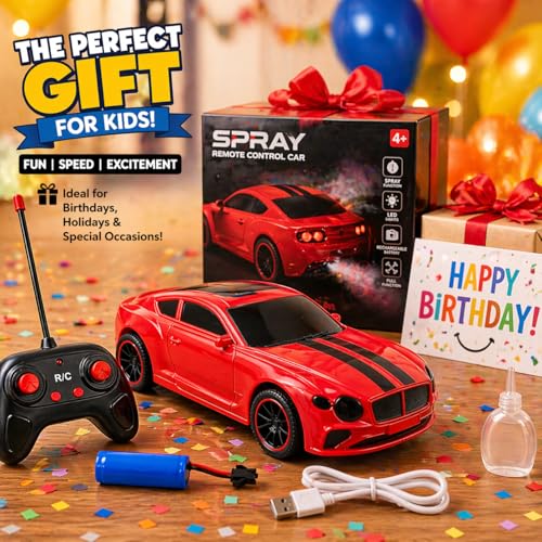 Image of The Flyers Bay Famous Millionaire Remote Control Car for Kids 4+ with Music, 3D Lights, Water Spray, Rechargeable Battery, 7 Function RC Toy Car with Type-C Charging (Red)