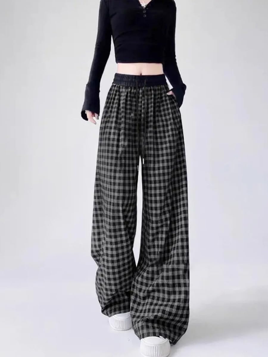Retro Plaid Casual Pants for Women in Spring Autumn Loose Straight Draping Floor Walking