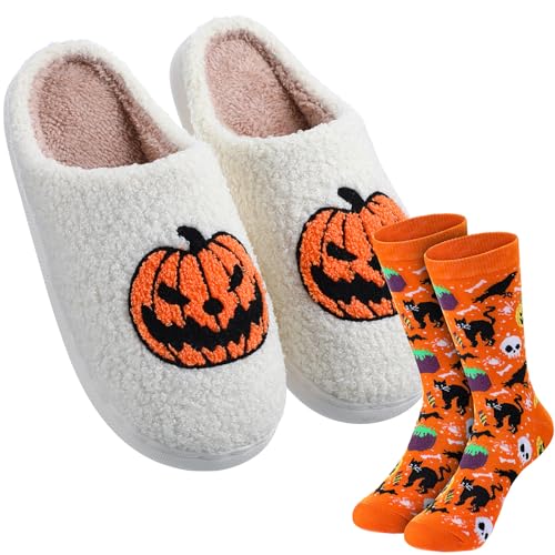 Geyoga Halloween Slippers and Socks for Womens Mens Plush Warm Non-slip Slippers Pumpkin Skeleton Ghost Socks(7-8,Pumpkin)