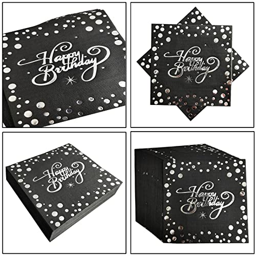 40 Pcs Birthday Party Paper Napkins Black And Silver,Disposable Paper Napkins With Silver Stamping For Adults And Kids Birthday Party (6.5X6.5 In) #TOP4