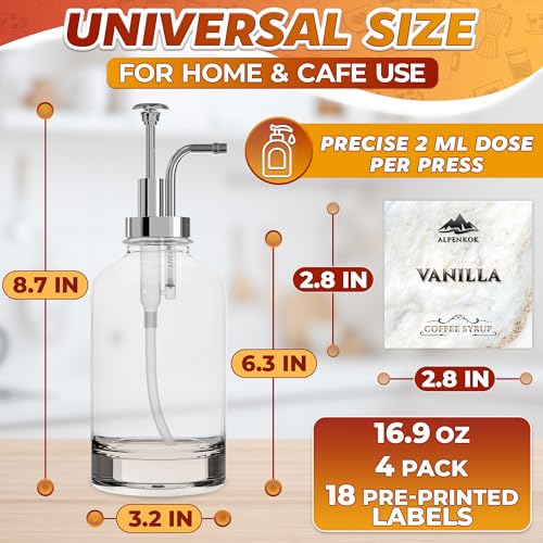 Image of Set of 4 Glass Syrup Bottle with Pump 16.9oz 500 ml - Thick Glass Syrup Dispenser with 18 Marked Labels, Leak-Proof, Easy Cleaning - Coffee Bar Essentials for Home | Event Ready (Silver Pumps)
