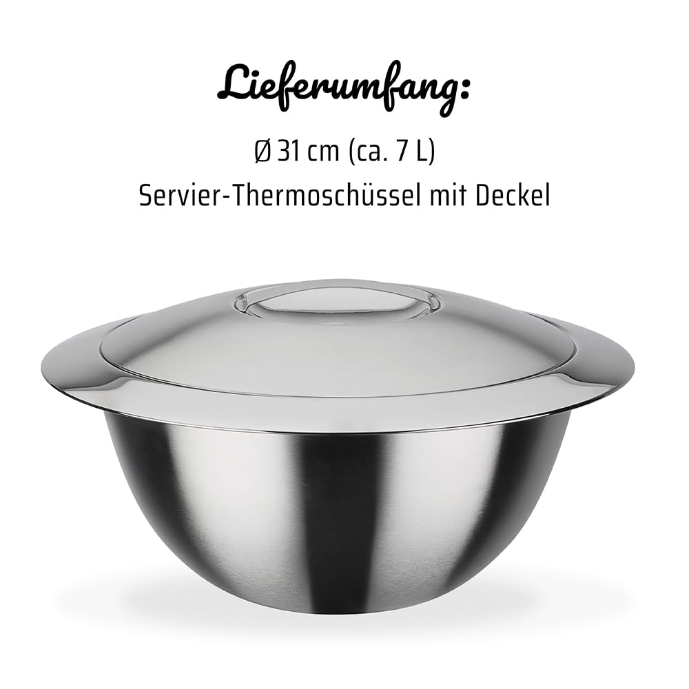 GSW Servier-Thermoschüssel – hochwertige Servierschüssel mit Deckel, 7 Liter Volumen, doppelwandige Isolierung warm und kalt – 31cm Durchmesser, Edelstahl, Silber