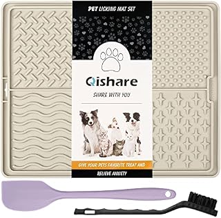 Qishare Licky Mats for Dogs with 1 Pcs Spatula + 1 Brush for Easier Cleaning, Peanut Butter Slow Feeding Licking Mat with Suction Cup Suitable for Pet Bathing Grooming Training (Beige)