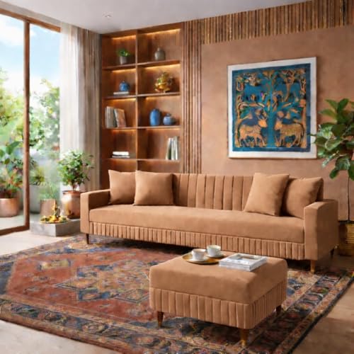 Image of SRMS Solid Wood 4 Seater L Shape Velvet Fabric Sofa Set with Four Cushions | Perfect for Home Office Guests Living Room | Sofa Set for living Room | 74 x 32 x 30 inches | Light Brown