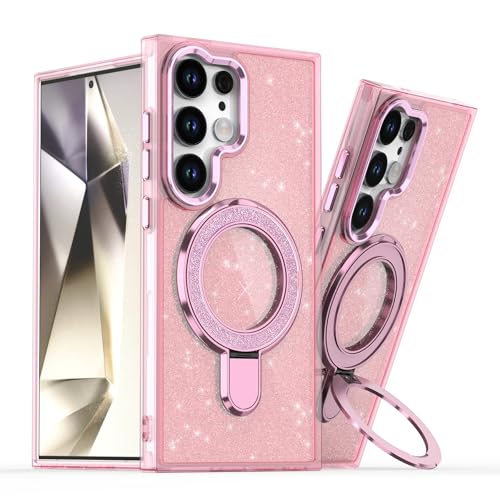 Coque Aimantée Samsung S25 avec Support Métallique et Dos Pailleté Antichoc Rose