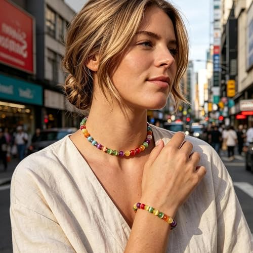 Collar de perlas efecto arcoíris de resina colorida con pulsera para boda 3
