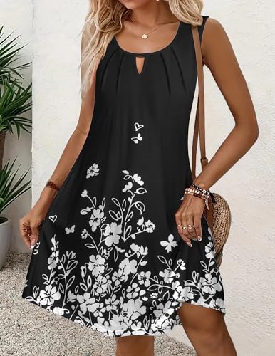 Image of Zeagoo Womens Casual Summer Dresses 2025 Boho Sleeveless Sundresses with Pockets Pleated Beach Floral T Shirt Dresses