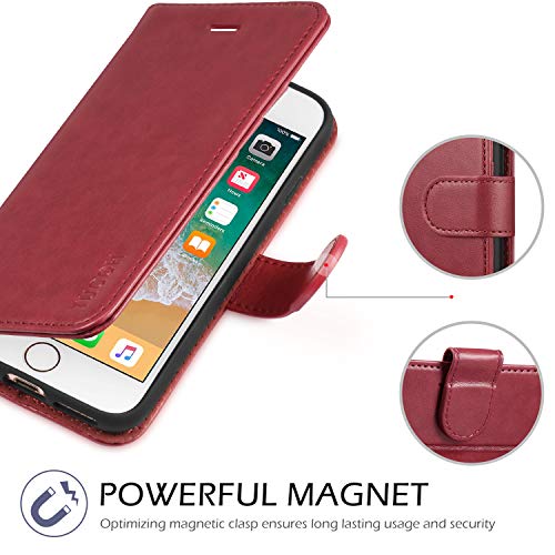 Tucch Iphone 8 Plus Case, Iphone 7 Plus Wallet Case, Magnetic Closure Card Slots Money Pouch, Stand Pu Leather Purse Cover Flip Book [Tpu Interior Case] Compatible With Iphone 8 Plus/7 Plus, Dark Red #TOP6