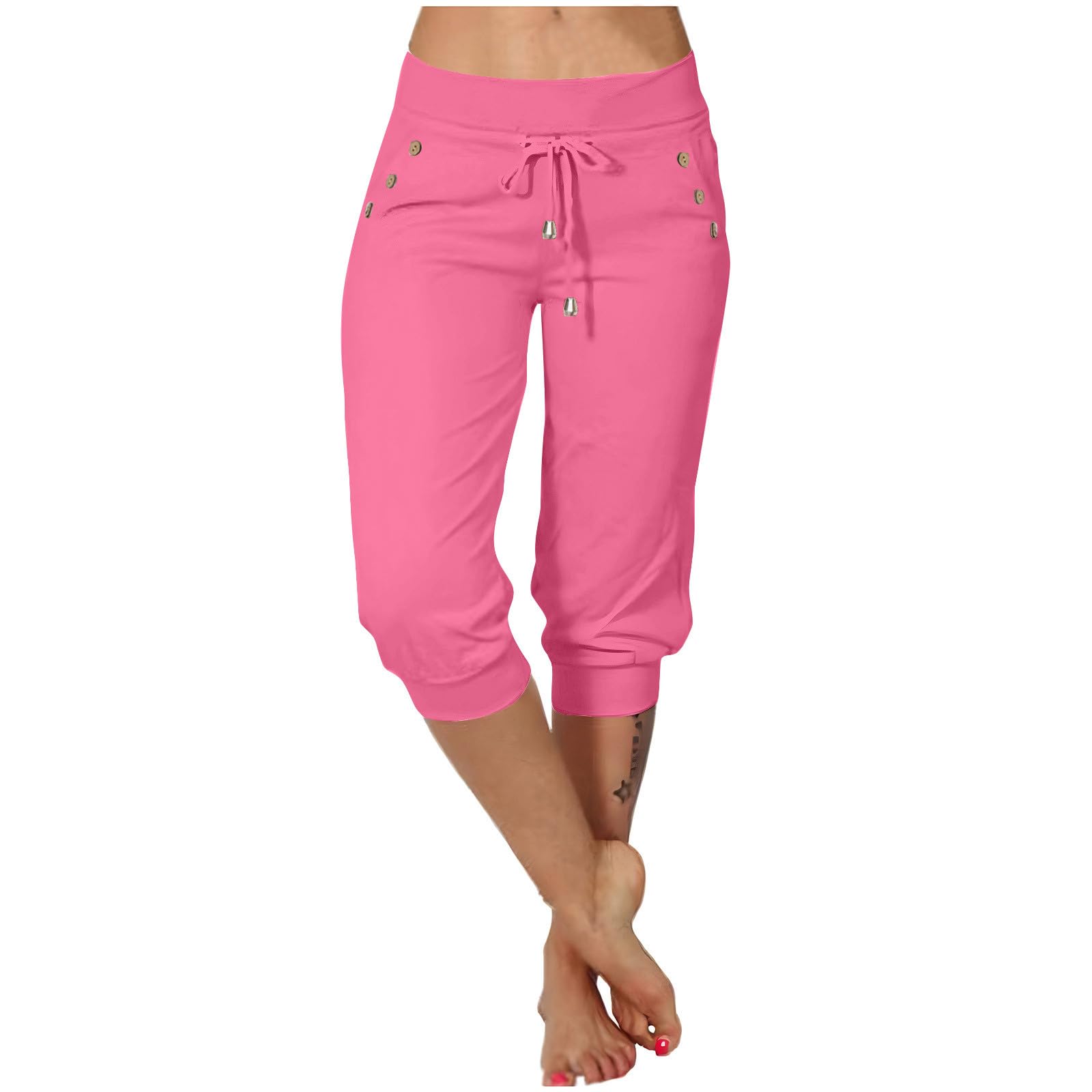 Capri Pants for Women Casual Stretch Drawstring Low Rise Jogger Pant Summer Comfy Soft Cropped Yoga Pant with Pocket Pink