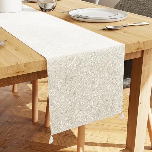 Image of Encasa XO 8 Seater Dining Embossed Velvet Table Runner | Size 32x240 cm | Cream Color with Premium Polyester - Machine Washable