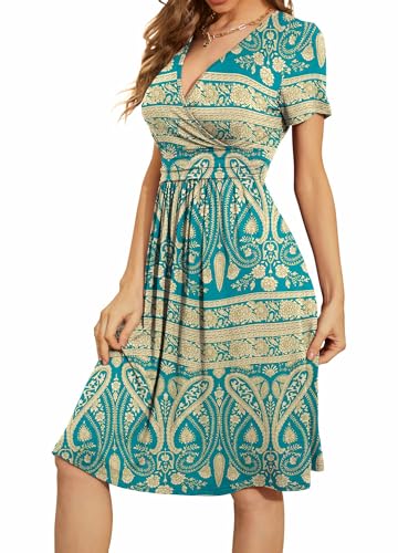 Image of WEACZZY Women's Summer Short Sleeve Casual Dresses V-Neck Floral Party Dress with Pockets