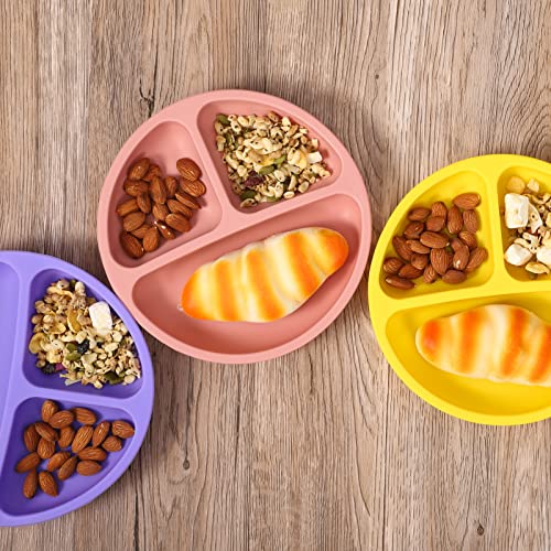 Cibeat Toddler Plates 3 Pack, 100% Silicone Suction Plates For Babies And Toddlers, Microwave And Dishwasher Safe, Bpa Free, Divided Design, Pink & Yellow & Purple #TOP7