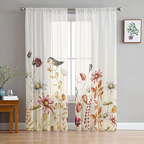 Thanksgiving Floral Semi Sheer Curtains 63 inch Length, Fall Bird Flowers Curtains Autumn Plant Leaf Window Treatments Curtains,Light Filter Rod Pocket Drapes for Living Room Bedroom Decor,2 Panels Cover