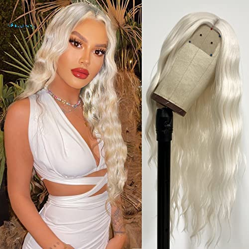 FUGADY Platinum Blonde Lace Front Wig Loose Wave Wigs for Women lace front Simulated Scalp Heat Resestant Pre Plucked Daily Cosplay (Synthetic 24 Inches)