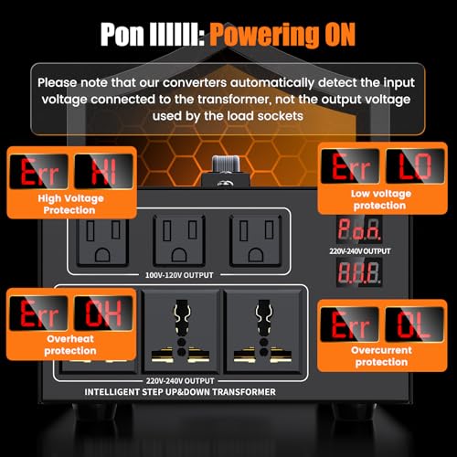 5000W Voltage Converter Transformer Step Up 110V/120V to220V/240V or Step Down 220V to 110V AC Power Converte, Circuit Breaker Protection, 3 US sockets, 3 Universal sockets, LCD Display3