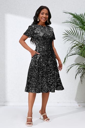 Image of Sequins Glitter Short Sleeve Women's Maxi A-line Dress - Sparkly Party Elegant