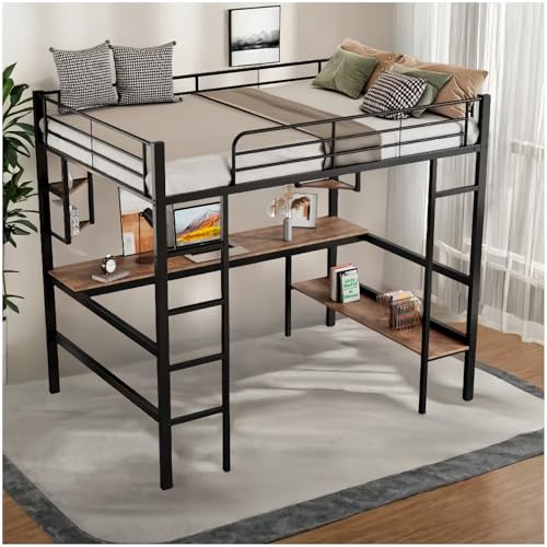 Sapgaks - Cama altillo con escritorio y cuatro pequeños estantes, cama infantil de 90 x 200 cm con una gran biblioteca, marco de cama de metal para niños, adolescentes y adultos, color negro