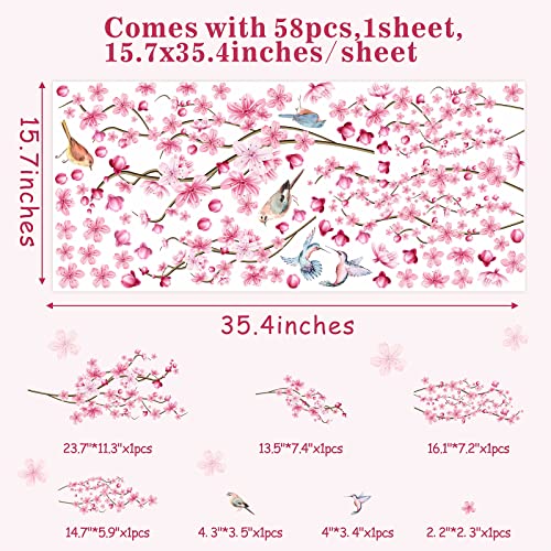 Cherry Blossom Flower Wall Stickers Tree Branches Wall Decals Pink Floral Wall Decals Watercolor Birds Flower Wall Decals For Girls Room Bedroom Living Room Nursery Decor #TOP5