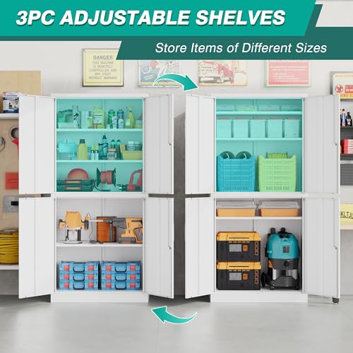 Image of Metal Storage Cabinet with 3 Adjustable Shelves,White Storage Cabinet with Lock,71 inch Lockable Metal Cabinets with Locking Doors,Tall Steel Pantry Cabinets 4 Door for Home,Office,Garage,Bathroom,Kitchen