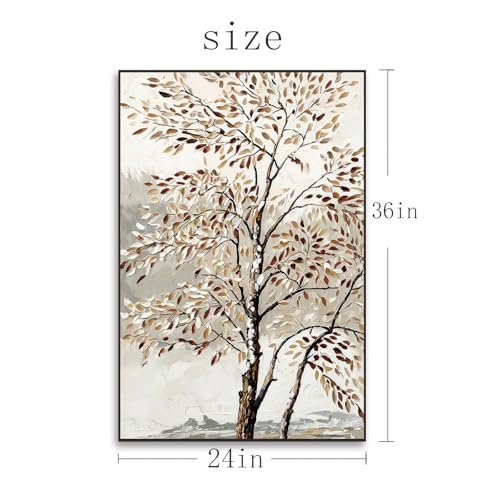 Image of Framed Abstract Tree Wall Art, 24 x 36 Inch Modern Birch Landscape Canvas Print, Neutral Beige Brown Painting Decor for Living Room Bedroom Office