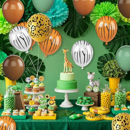 Image of Jungle Safari Balloons, 30 Pcs 12inch Brown Green Balloon With Tiger Zebra Animal Paw Print Latex Balloons for Boy and Girls Birthday Party Baby Shower Jungle Safari Them Party Decorations