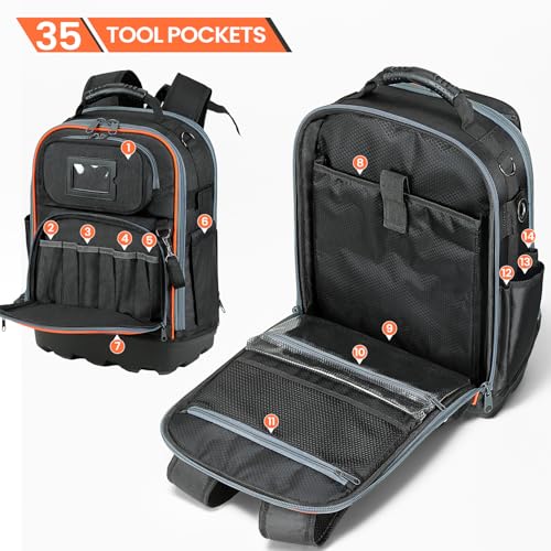 TUFFWORX Werkzeugrucksack, 35 Taschen, 35 x 20 x 47 cm, Schwarz und Orange, Wasserabweisend,Elektriker Rucksack mit verstärktem Boden