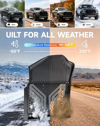 Image of Premium Color TPE Floor Mats for Ram 1500 Crew Cab 2019-2024 | Bucket Seats | All-Weather Custom Fit Floor Liners Full Set | Titan Gray Wing Design | No Rear Under-Seat Storage (Not Classic)