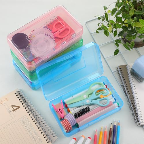 Image of Fainne 24 Pack Clear Plastic Pencil Box,Light Pink, Light Blue,Mint Green | Stackable Organizer for School Supplies, Large Case for Crayons Markers, Snap-lid Keeps Stationery Secure, Bulk Set