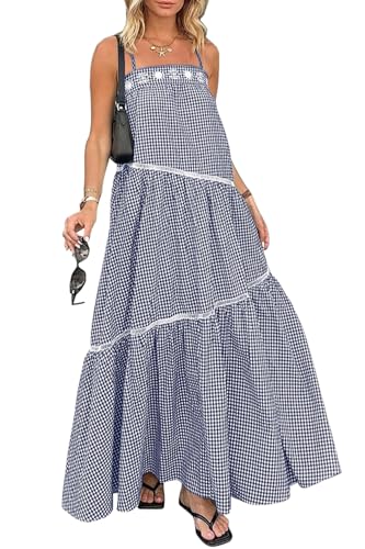 Image of ECOWISH Women Sleeveless Maxi Dress: Summer Spaghetti Strap Casual Loose Boho Beach Dress Asymmetric Tiered Flowy Long Dress