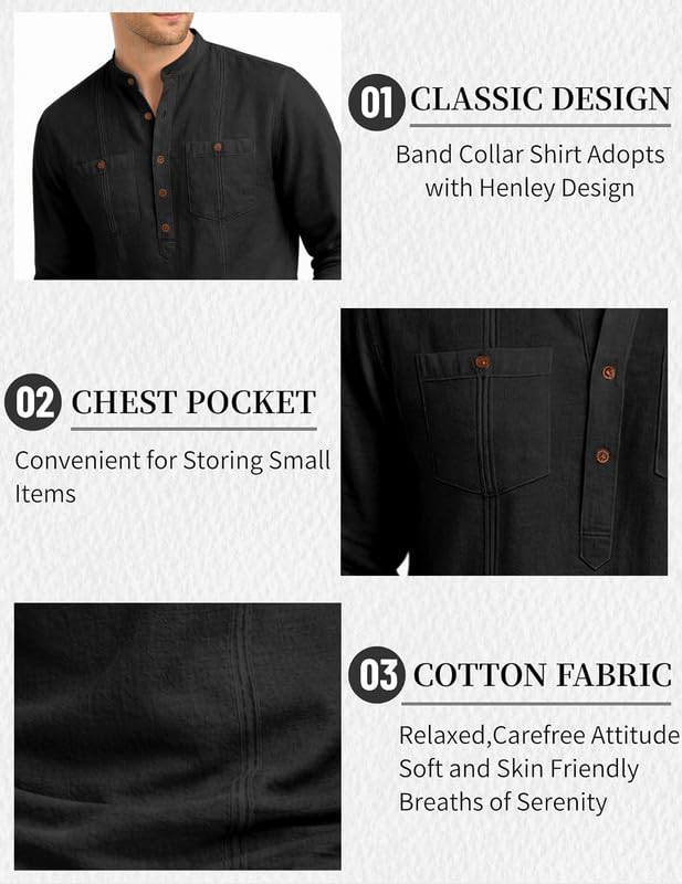 Image of ROYALSCOUT Men's Cotton Polyester Blend Kurta Style Shirt with Mandarin Collar, Half Button Placket, Dual Chest Pockets, Long Sleeve Casual Ethnic Fusion Wear for Office, Festive and Daily Use