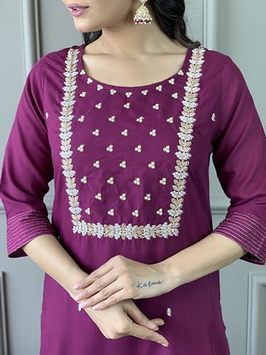 Image of Naixa Women's Viscose Embroidered Straight Kurta with Viscose Pant and Silk Blend Printed Dupatta Sets (NK-430)