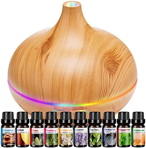Aroma Diffuser for Essential Oil Large Room Diffusers Set with 10 Essential Oils,Ultrasonic 550ml Aromatherapy Diffuser with Essential Oil, Bedroom Vaporizer Cool Mist Humidifier for Home Office