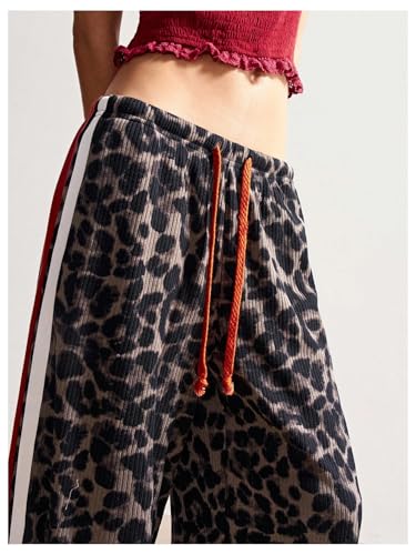 Women's Y2K Cheetah Baggy Pants Leopard Wide Leg Pants Striped Knitted Vintage Elastic Waist Trouser with Pocket4